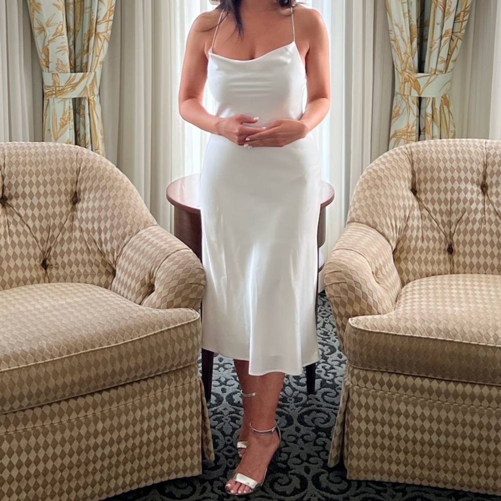 Show Me Your Mumu Verona Cowl Midi Slip Dress in Ivory Luxe Satin, size XS